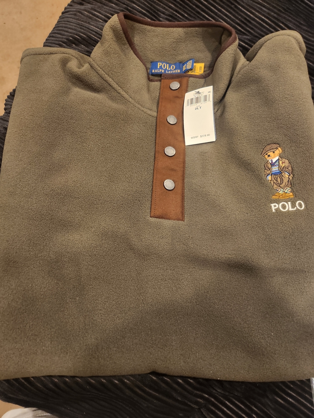 Ralph Lauren Olive Green and Brown Fleece Jacket with Snap Placket